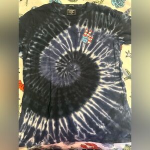 Abercrombie & Fitch Navy and White Spiral Tie-Dye Tee with Flag Peace Graphic